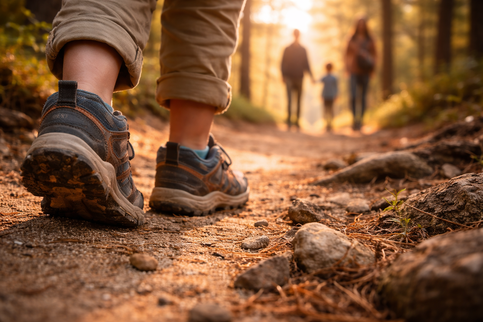 Kids’ shoes on a forest trail during a calm day trip.