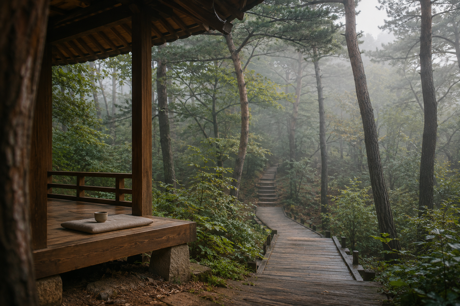 Quiet forest path and meditation pavilion representing nature-based wellness travel in South Korea.