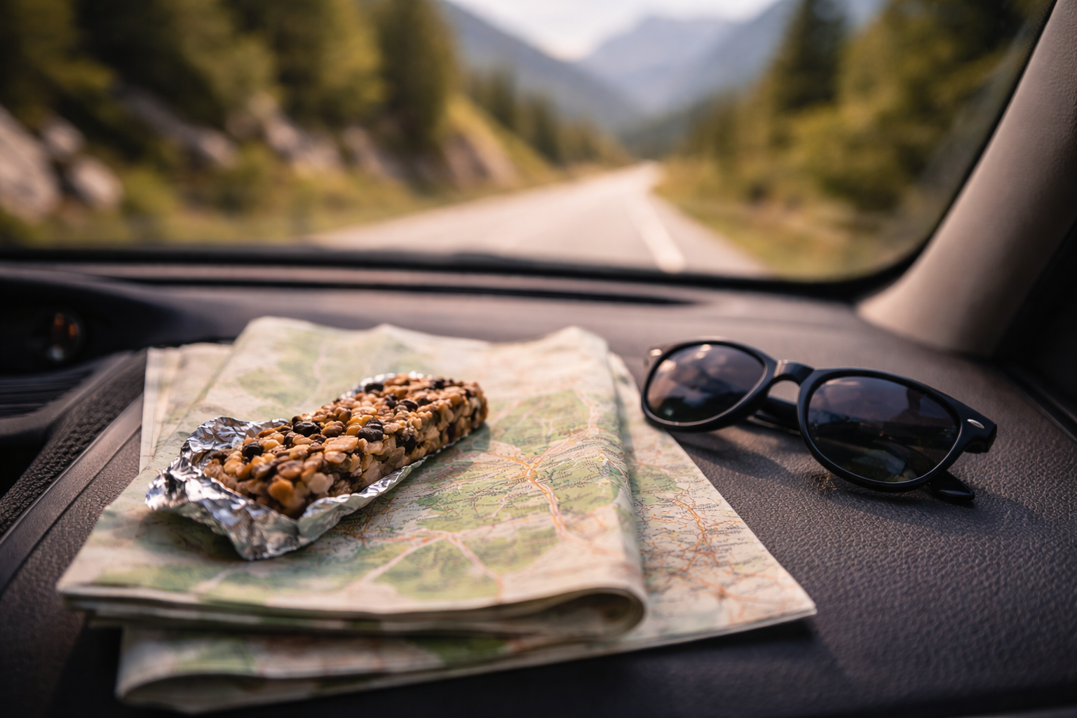 Outdoor adventures in France: road-trip planning detail with a folded map and mountain road ahead.