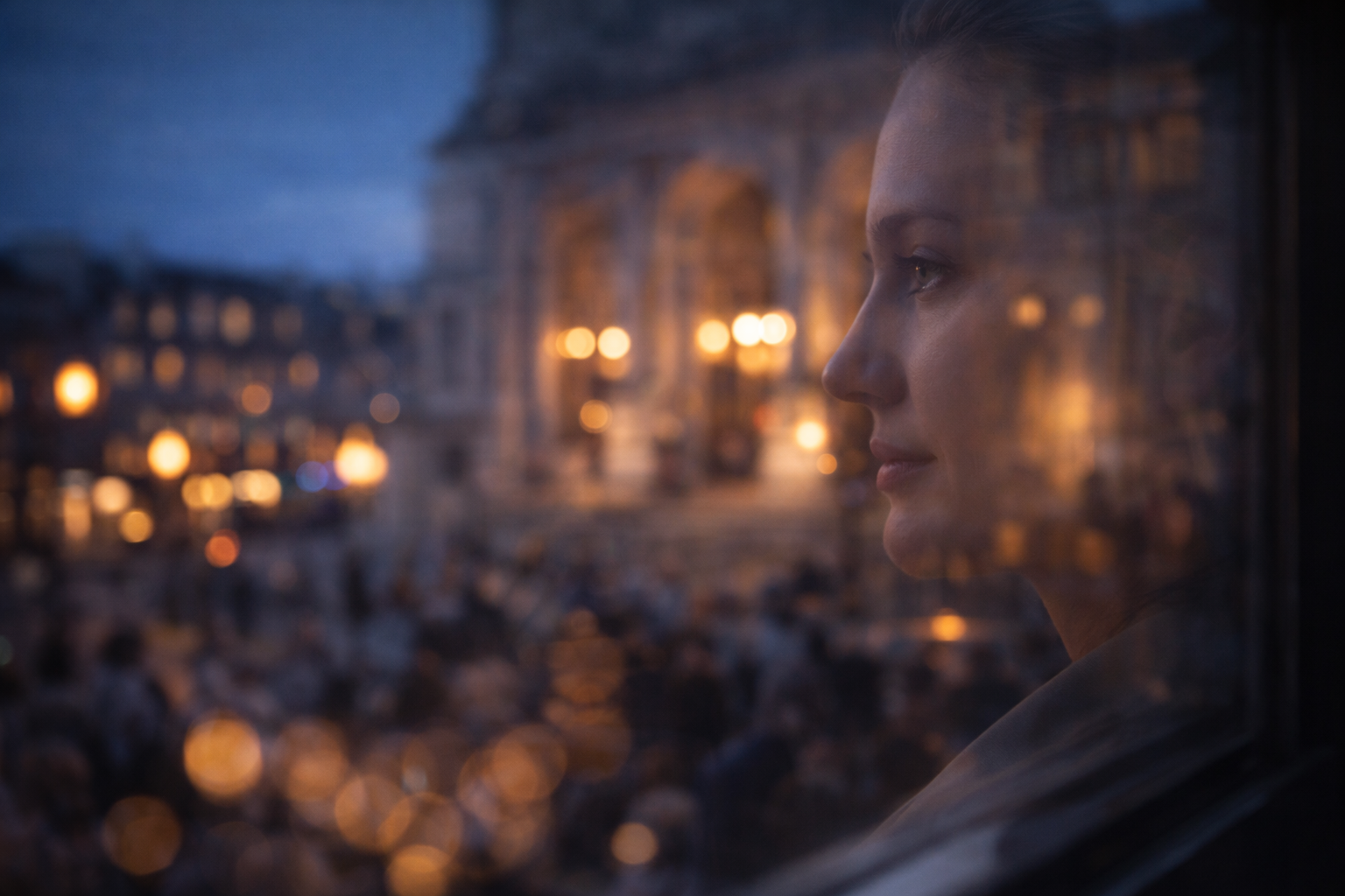 France art and culture guide: Reflective close-up in a museum window with city and theatre lights layered behind.