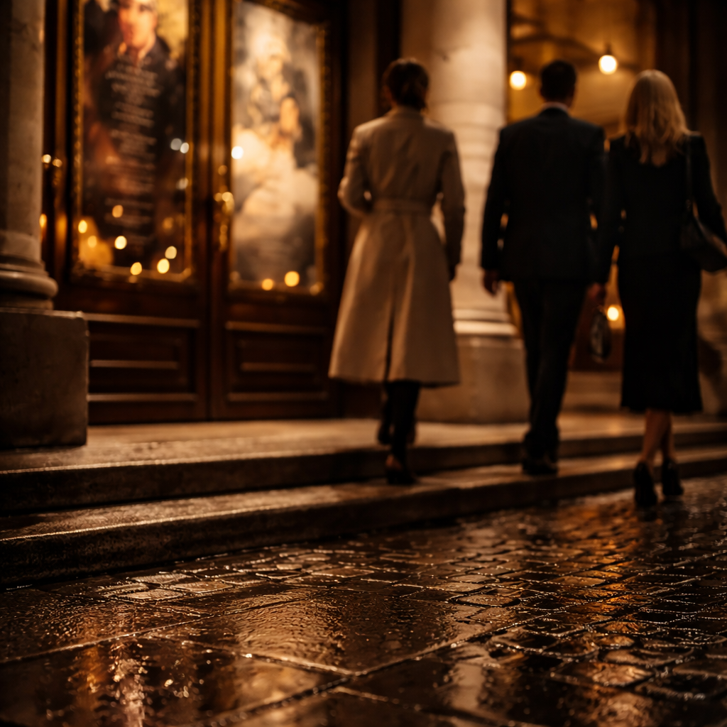 Rainy evening cultural scene in France with glowing steps and blurred visitors.