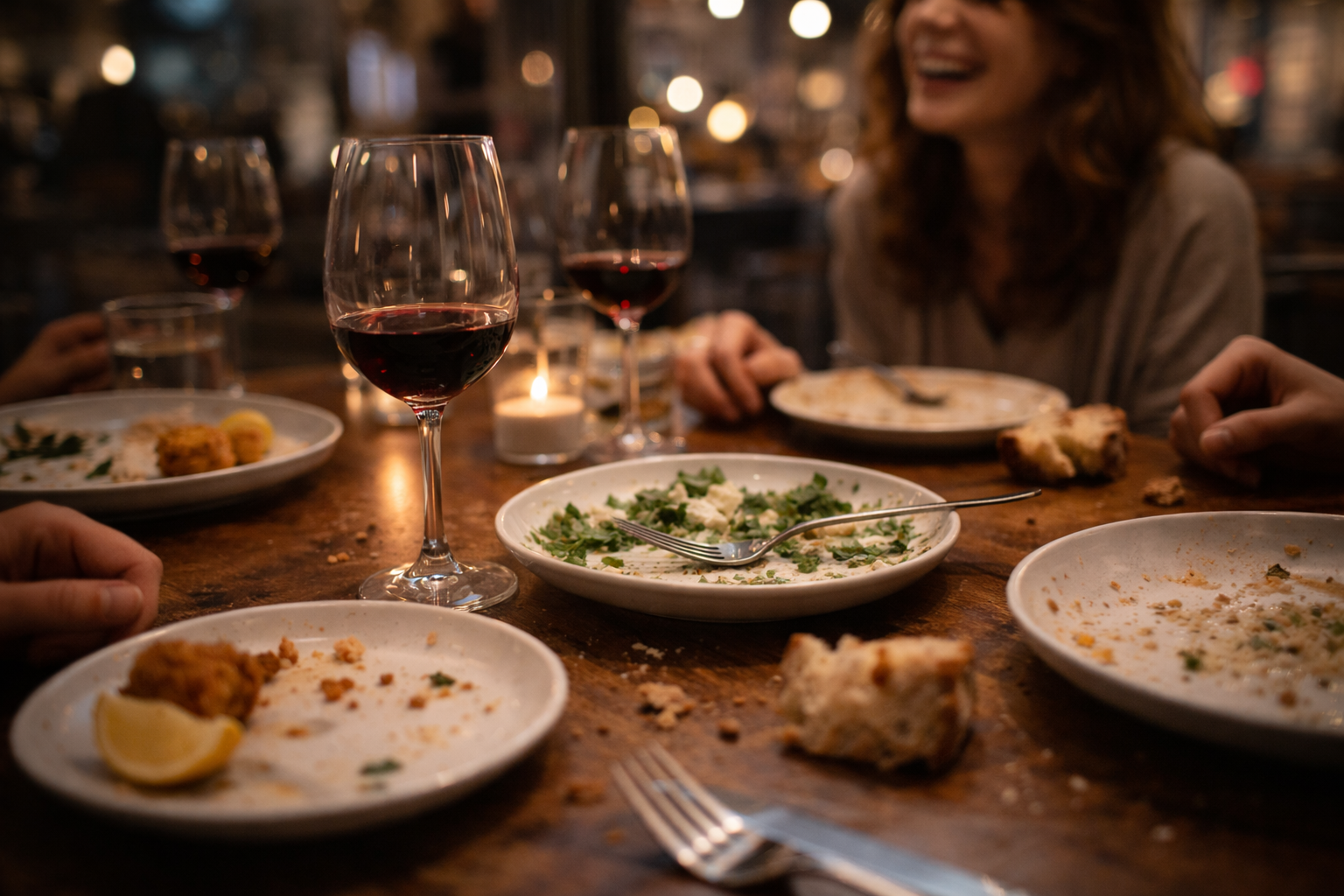 Casual French bistro table mid-meal with warm social atmosphere.