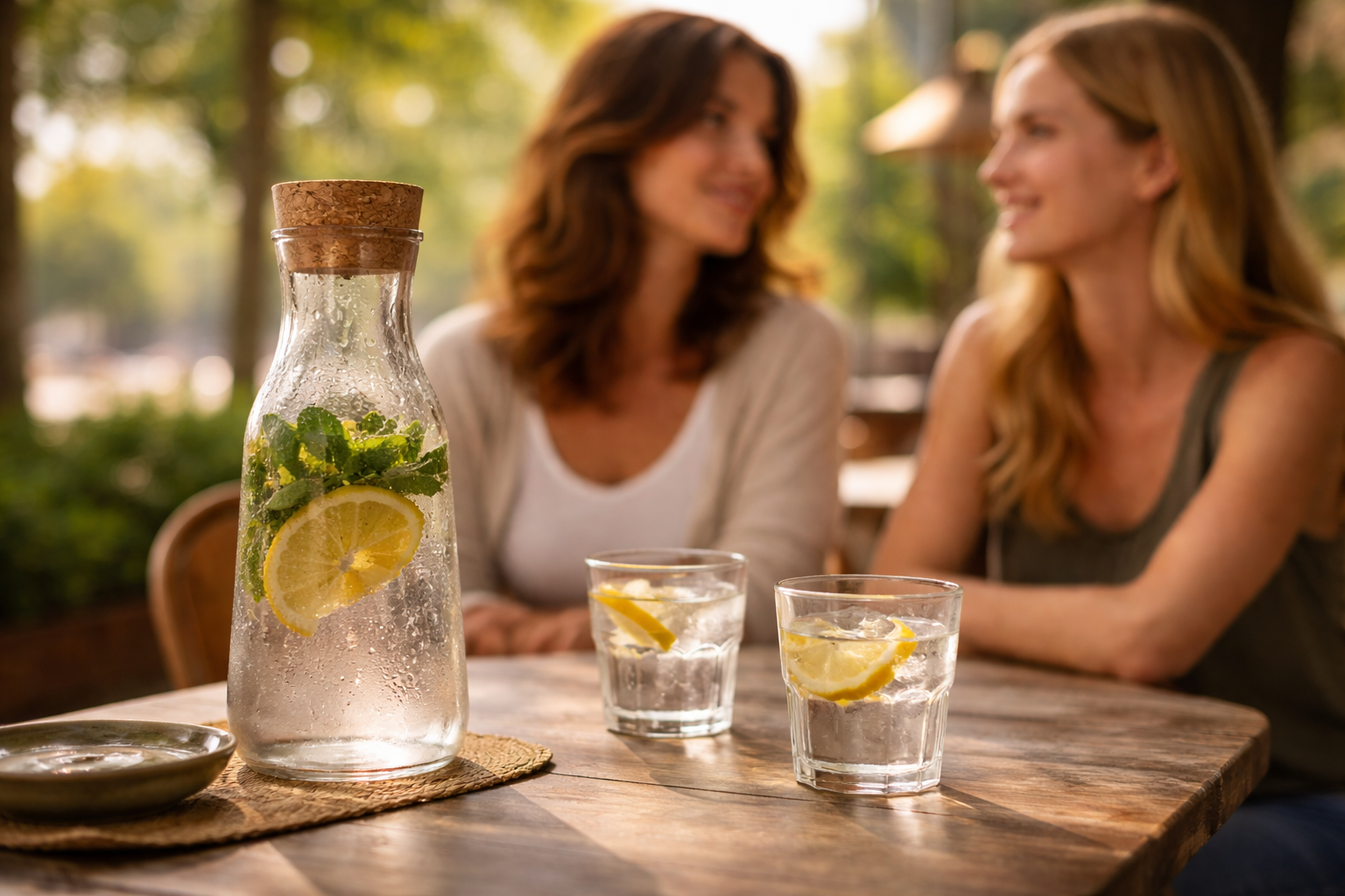 Quiet café moment near a park with softly visible faces.