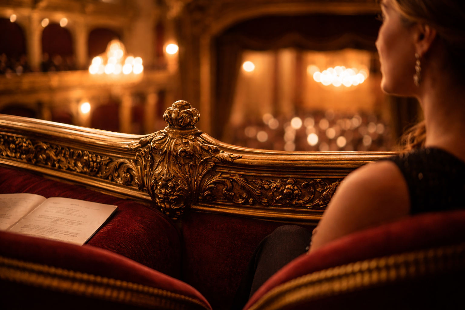 Gilded concert hall details with a softly visible listener in profile.