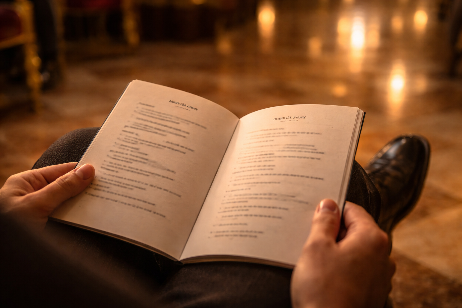 Blurred program booklet with warm reflections in a concert hall.