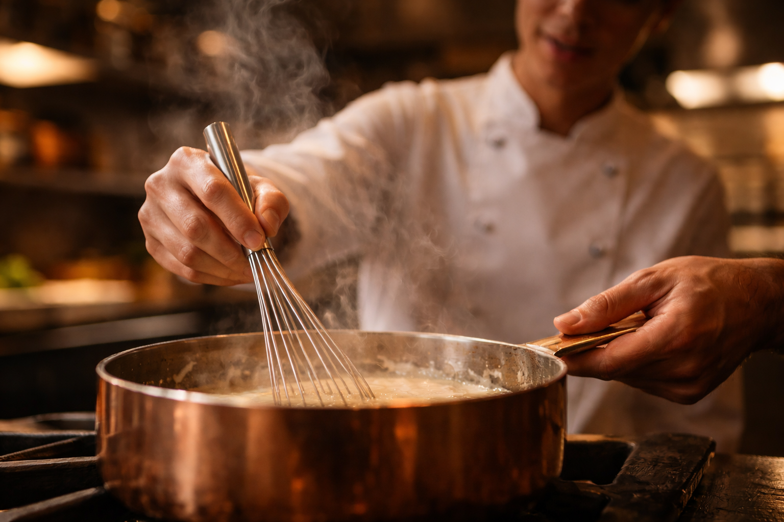 Close-up of a cooking class moment with a copper pan and rising steam.