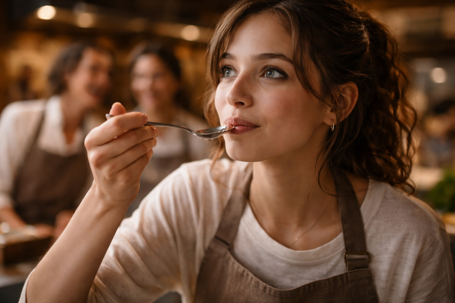 Close-up of a student tasting food during a French cooking class.