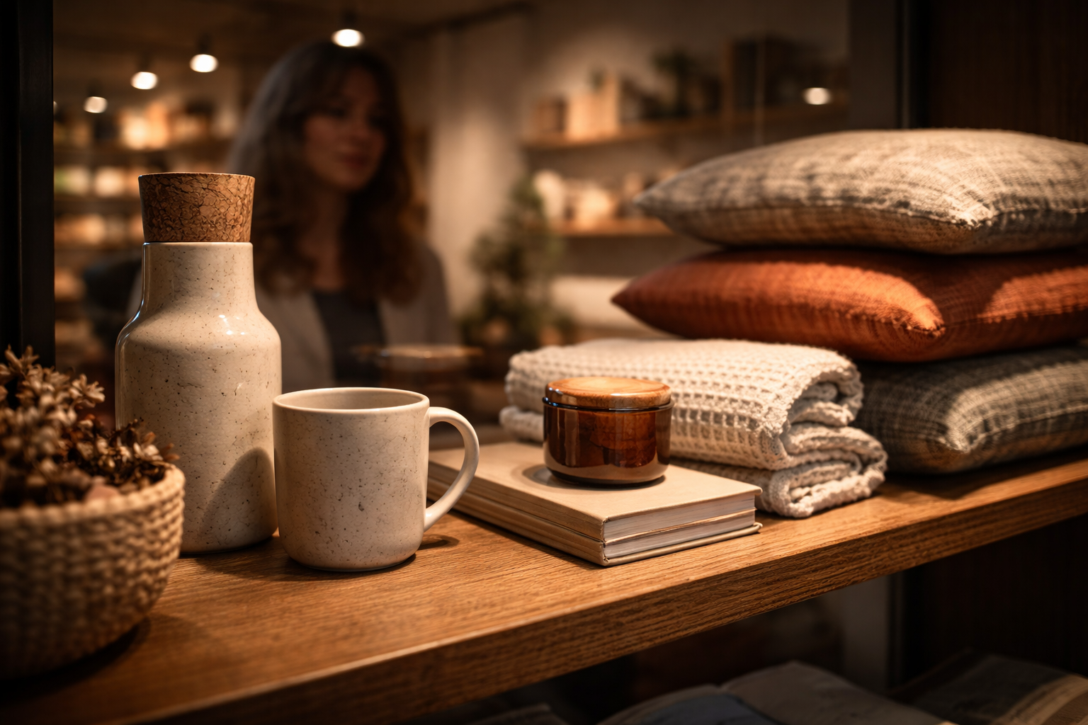 Curated concept-store shelf with warm lighting and soft reflections.
