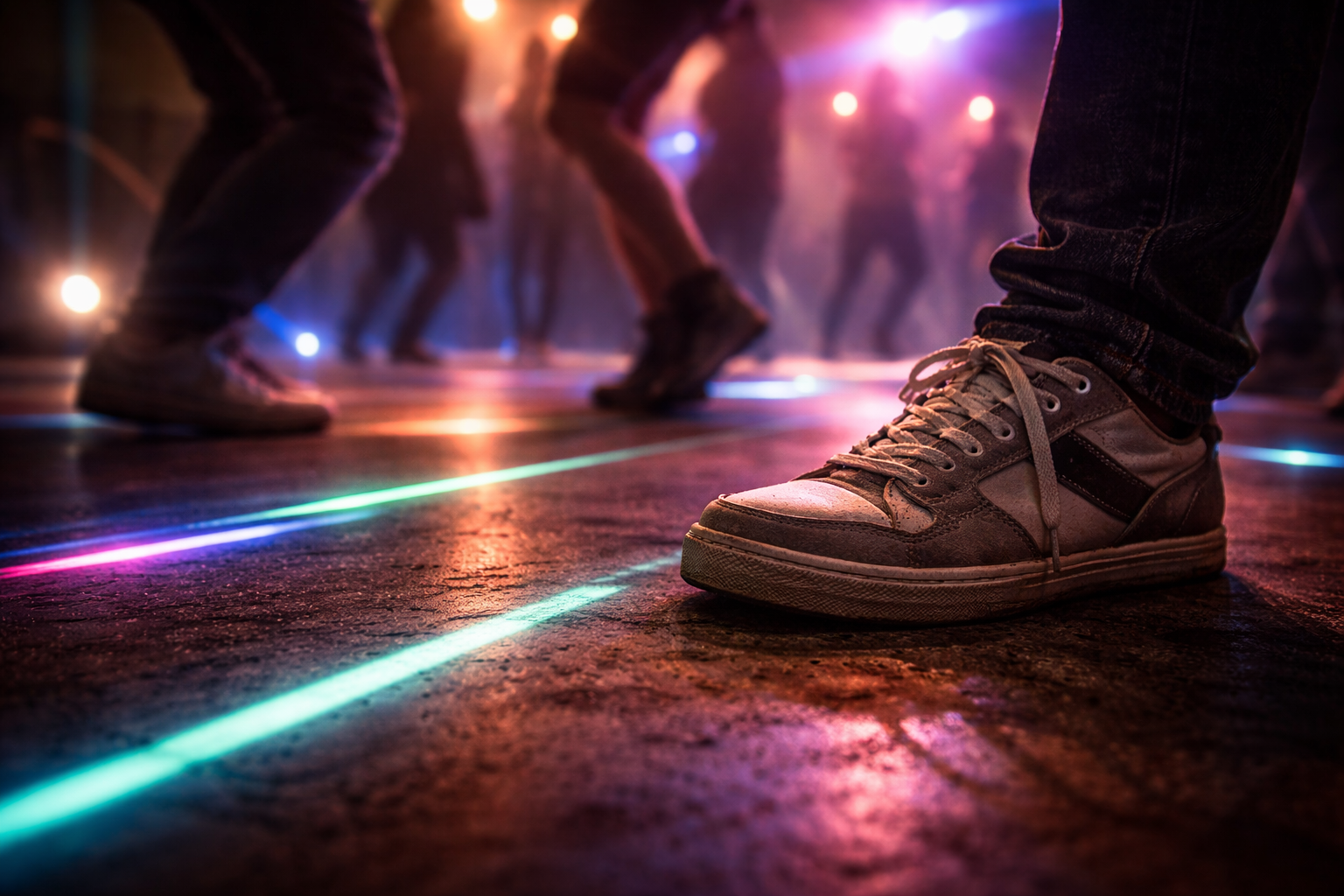 Warehouse dance floor close-up with light streaks and motion-blurred legs.
