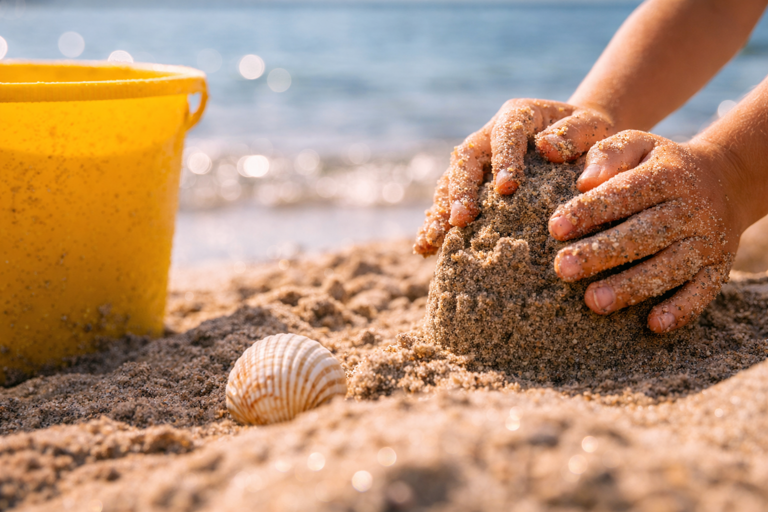 Close-up of hands building a sandcastle on a calm French beach.