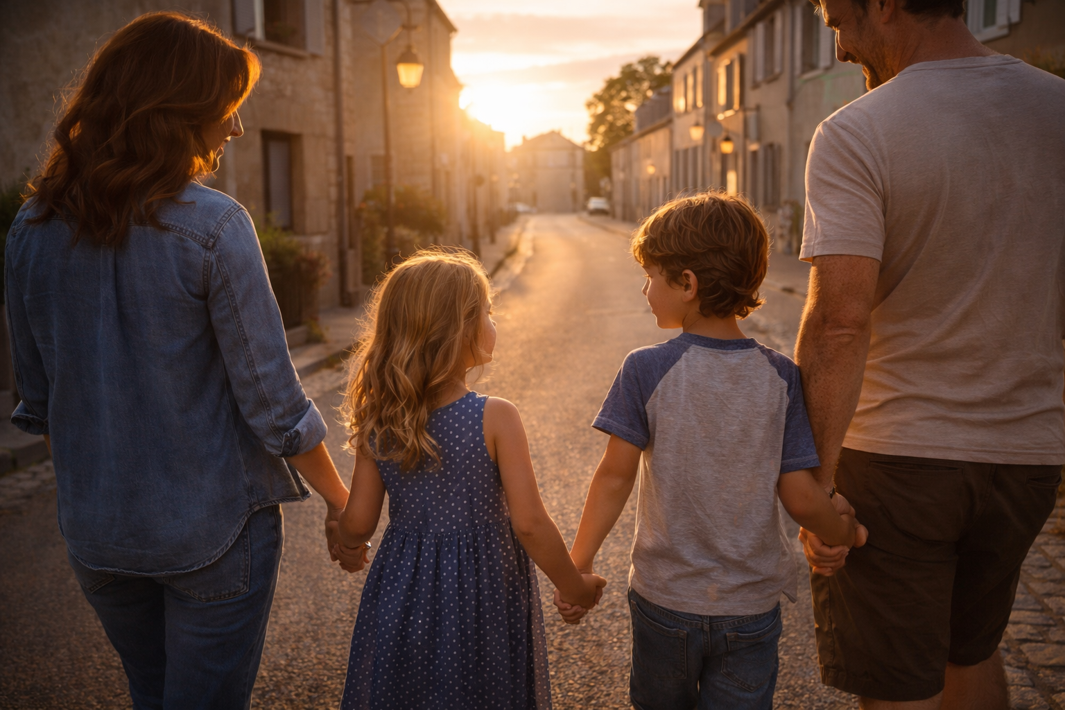 France Family Travel Guide: Family walking hand-in-hand in warm golden-hour light on a quiet French street.