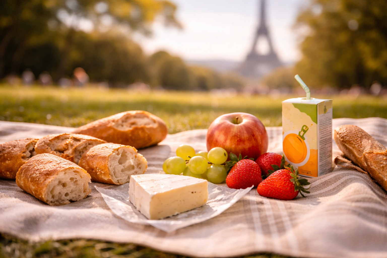 Family picnic blanket close-up with simple food in a park.