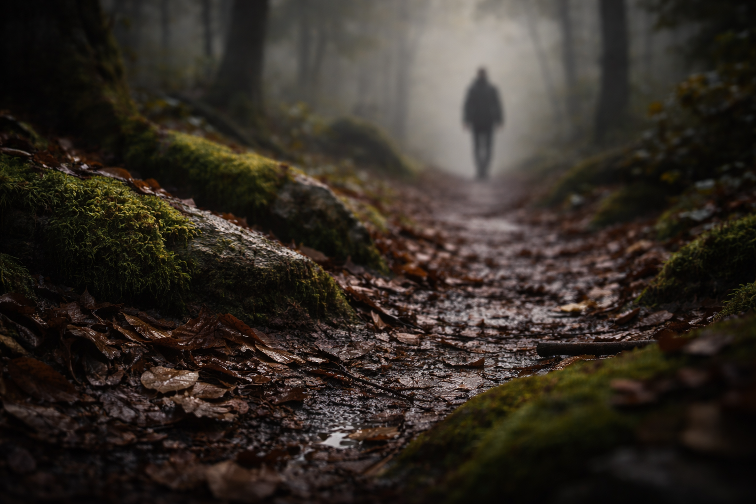 Misty forest path close-up with a soft distant walker silhouette.