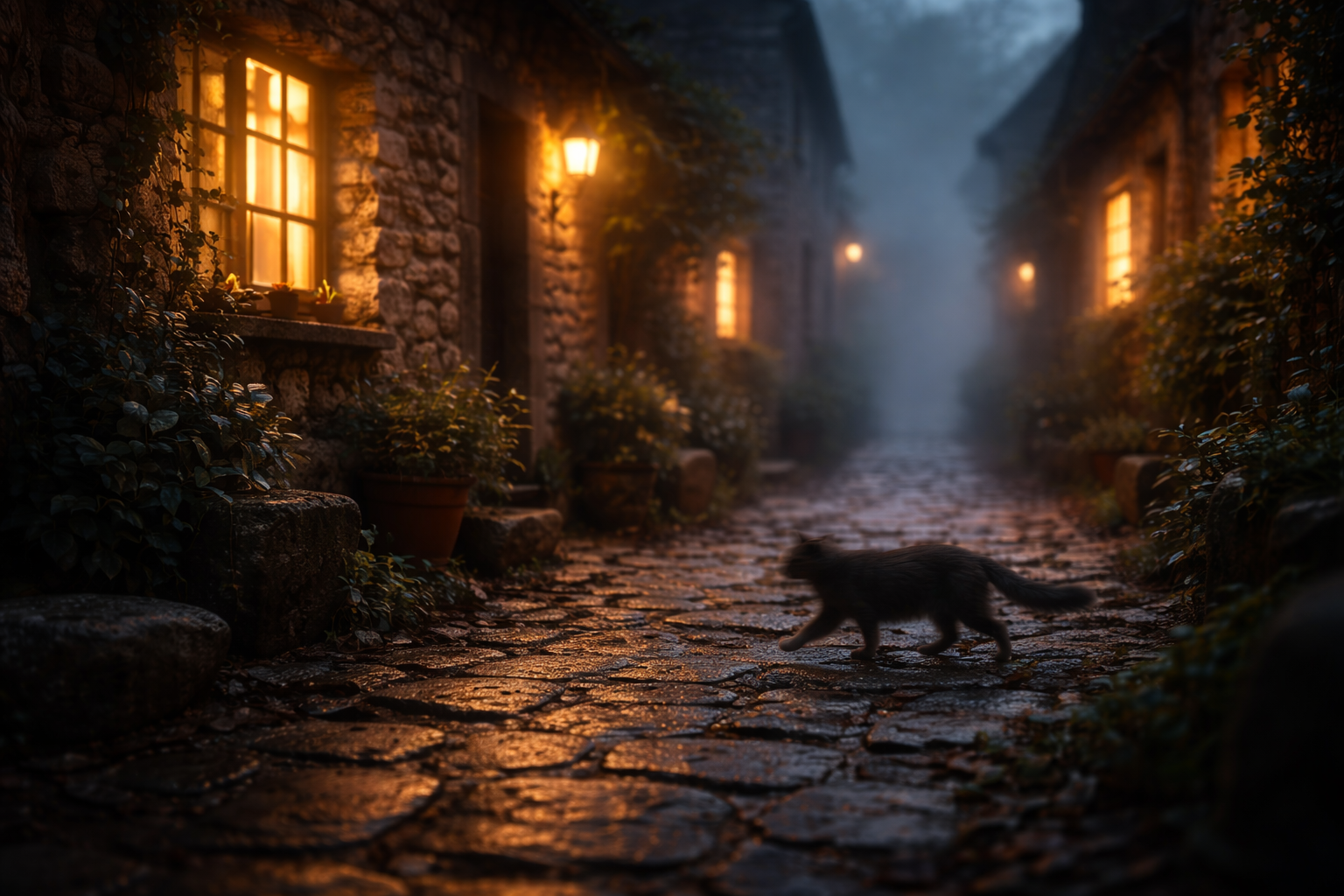 Blue-hour stone alley with warm window glow in a quiet village.