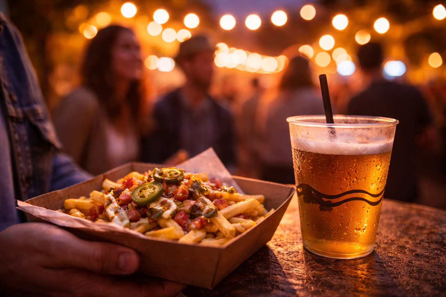 Festival food tray under string lights with a softly blurred crowd.