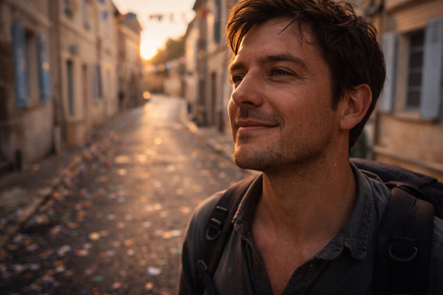 Close-up of a happy, tired festival afterglow on a quiet French street.