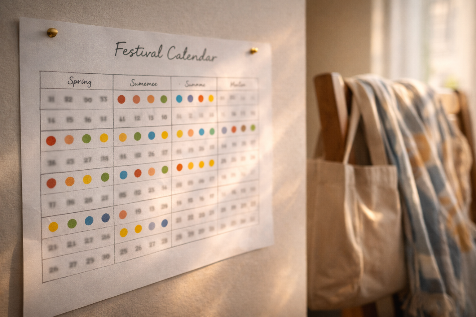 Blurred festival calendar with colored dots in soft morning light.