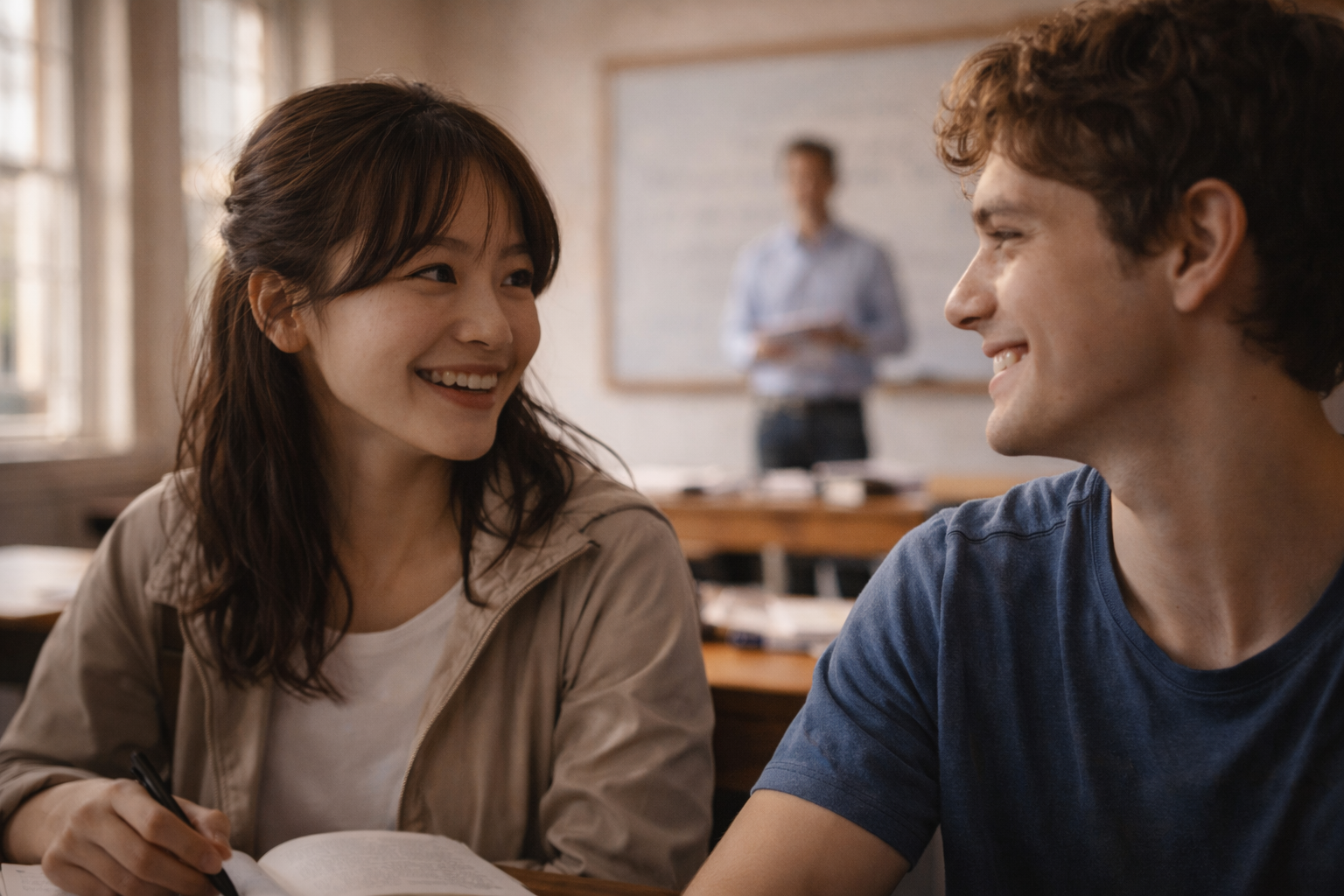 Two students speaking in a French class with warm daylight.
