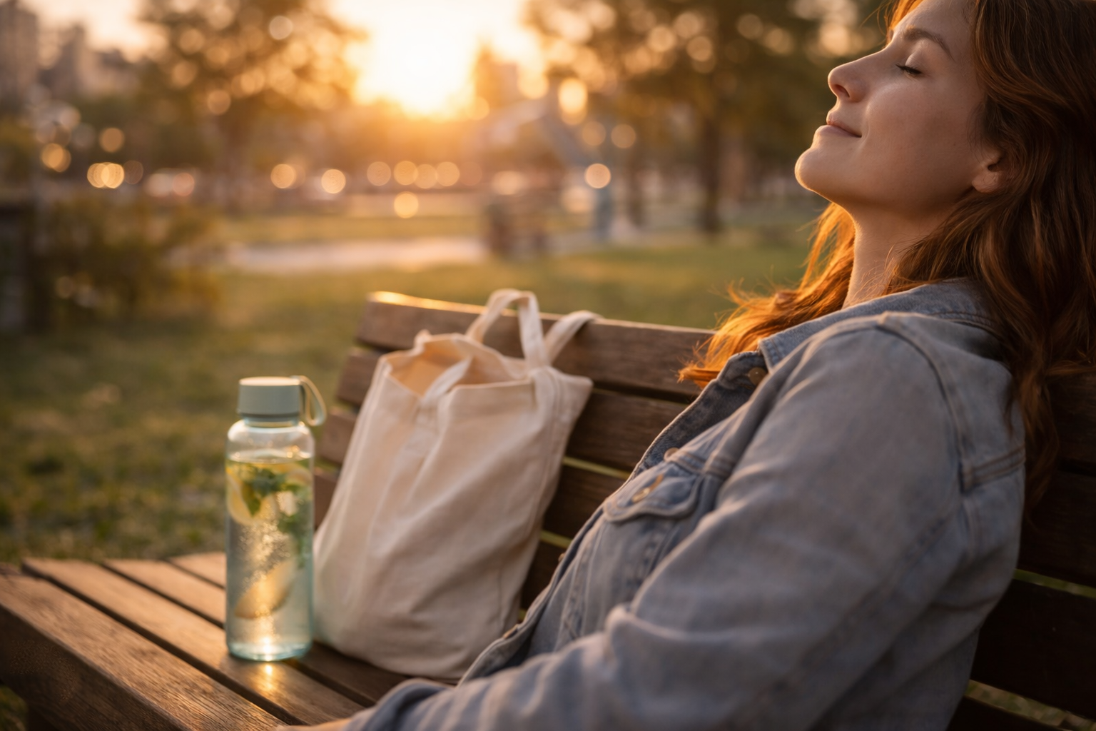Relaxed close-up at sunset with a reusable bottle beside.