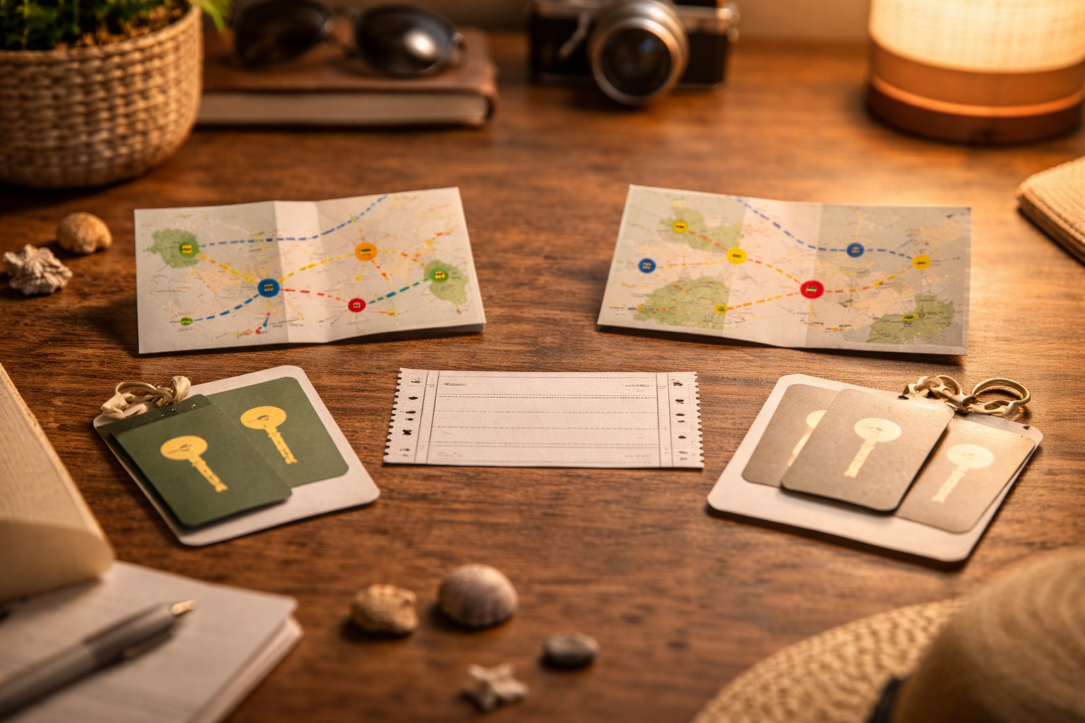 Two-base itinerary planning setup with tickets and simple map folds.