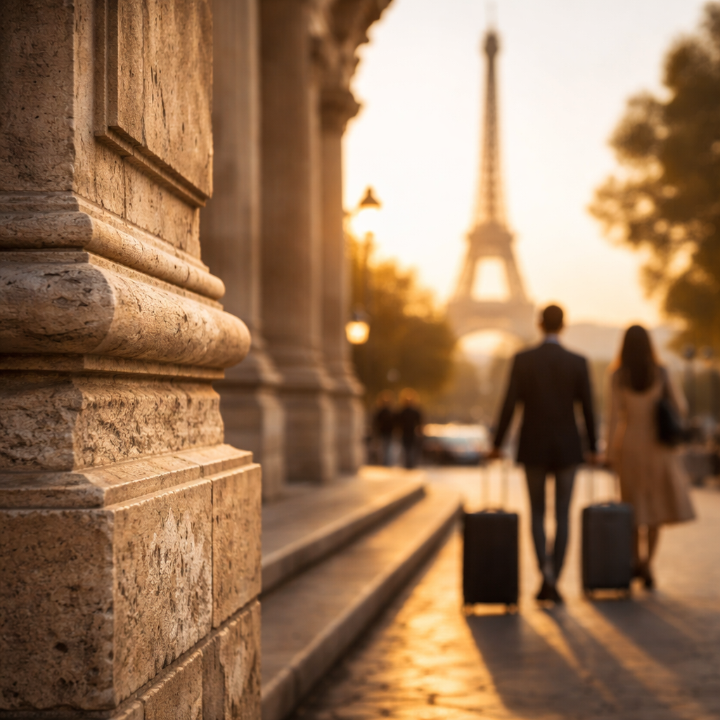 Historic French stone and a distant landmark silhouette create a layered sense of arrival.