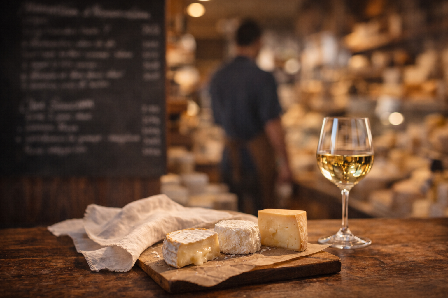 A simple local cheese-and-wine setup ready at a welcoming French counter.