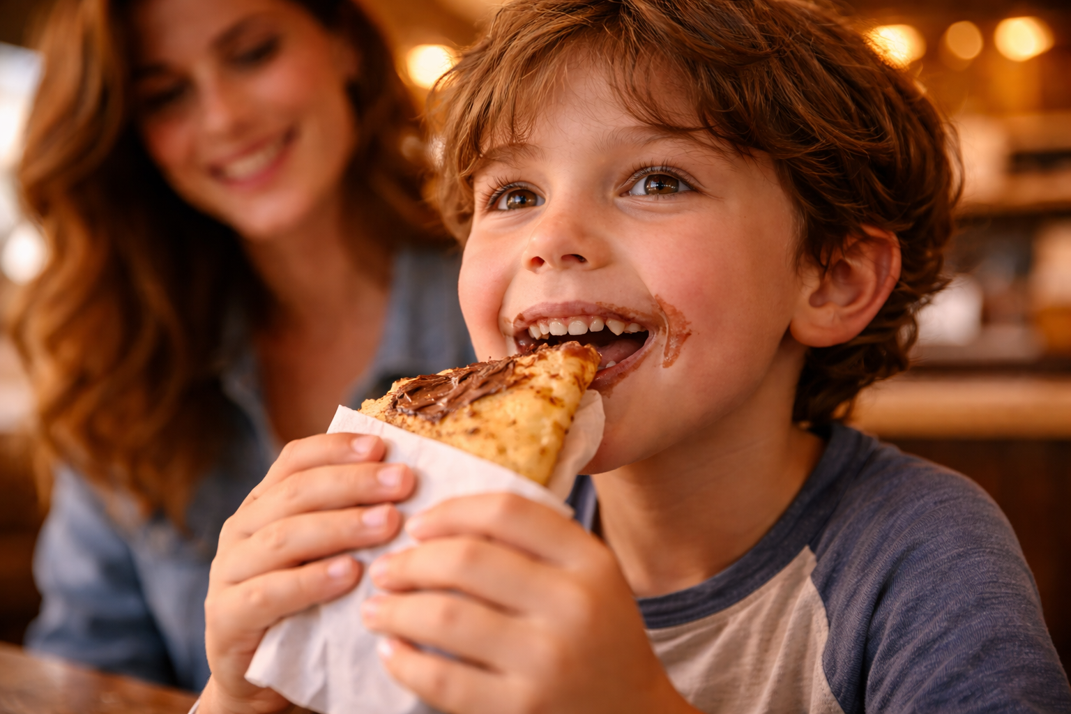 Child’s happy close-up eating a crêpe in warm light.