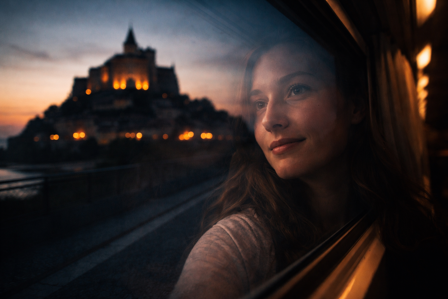 France historical landmarks: A reflective face in a window suggests a landmark trip shaped as a story, not a checklist.
