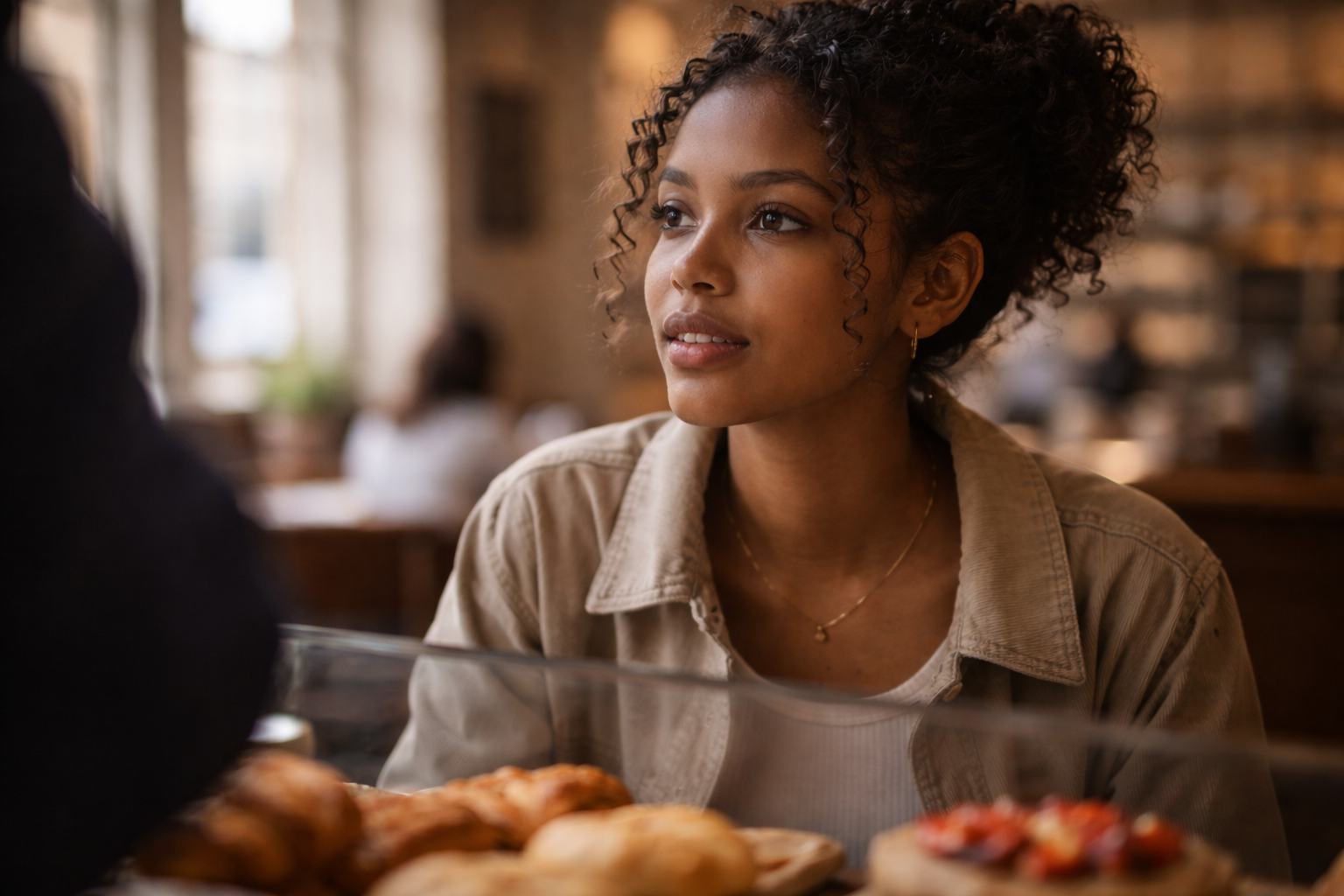 Close-up of a student ordering at a bakery, focused and engaged.