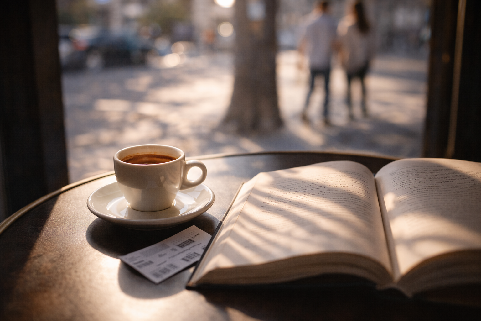 Study Abroad in France: Café table with espresso, book, and a museum ticket in soft sunlight.