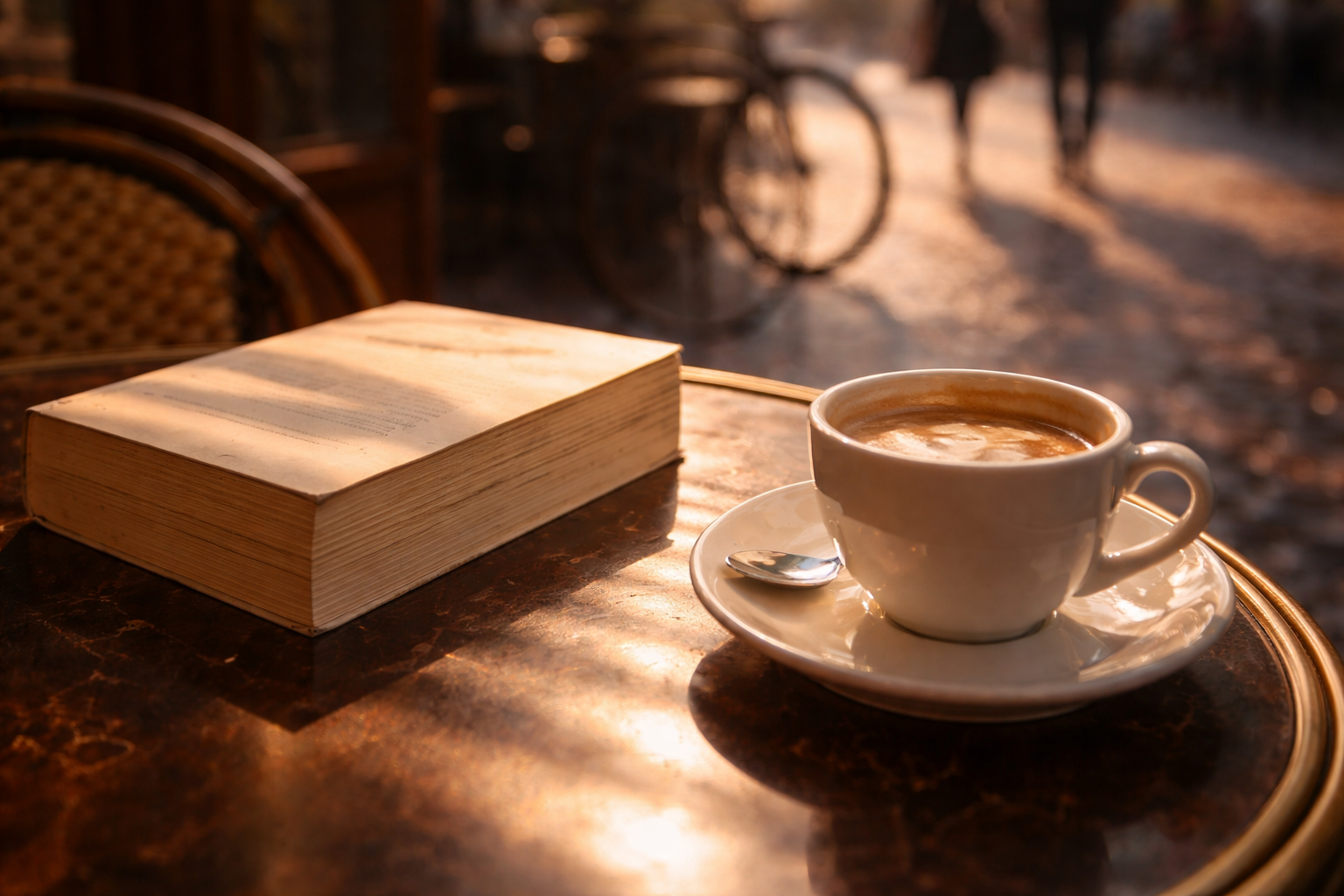 Café table close-up with a paperback and coffee in warm sunlight.