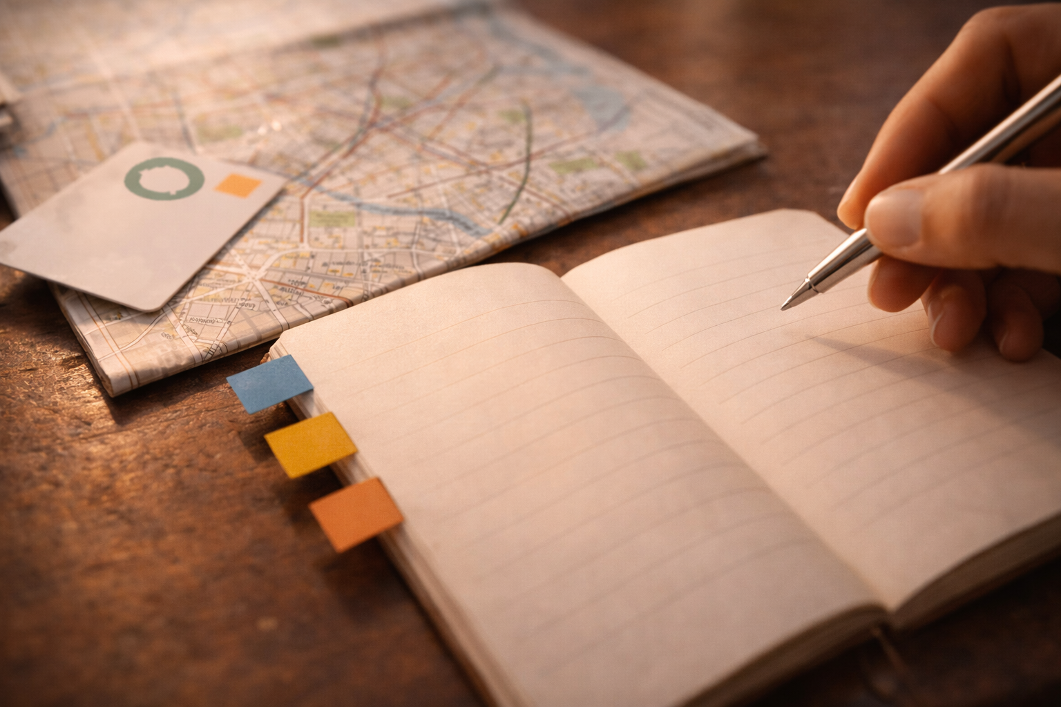 Close-up of a notebook and map set up for a slow literary day.