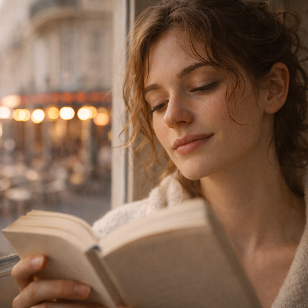Close-up of a reader in soft café window light in Paris.