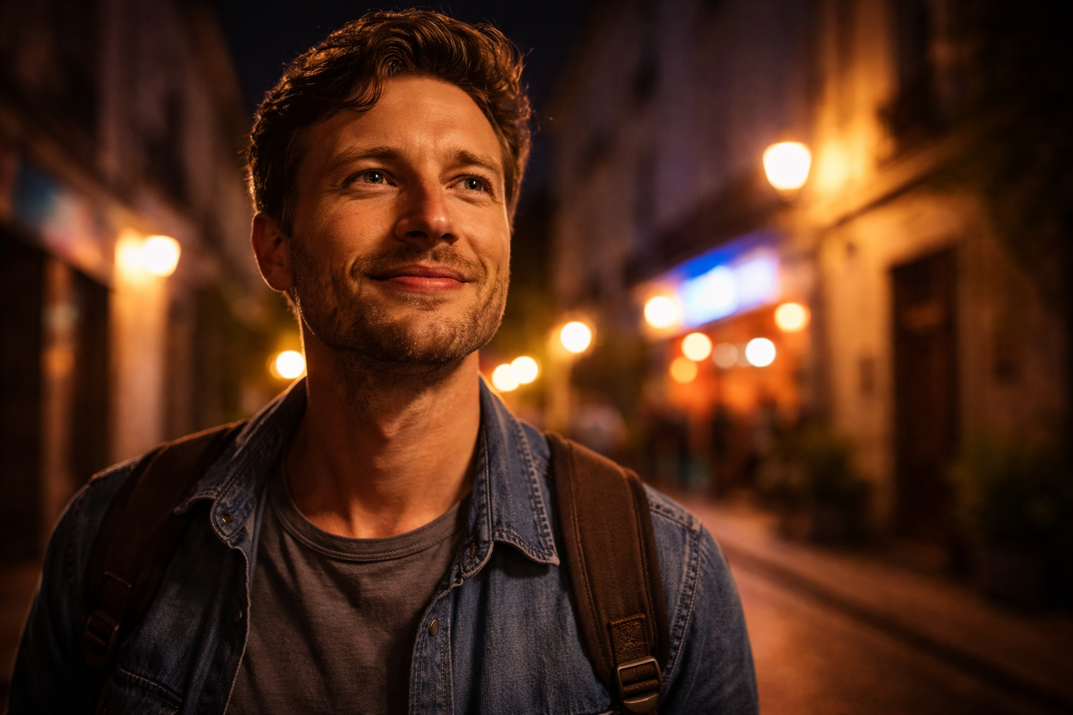 Live music in France: Close-up of a happy, tired face walking a quiet French street after a show.