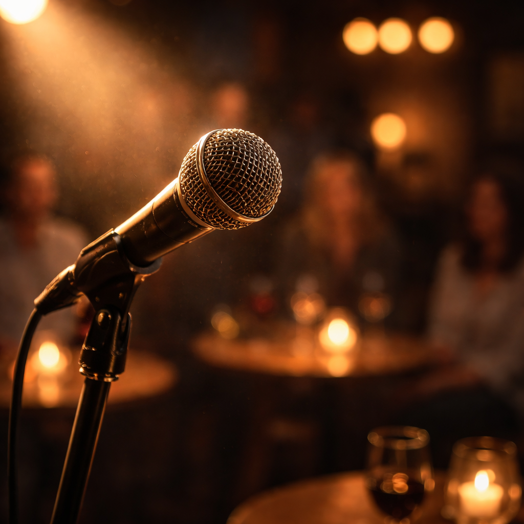 Close-up of a microphone under warm spotlight with a softly blurred audience.