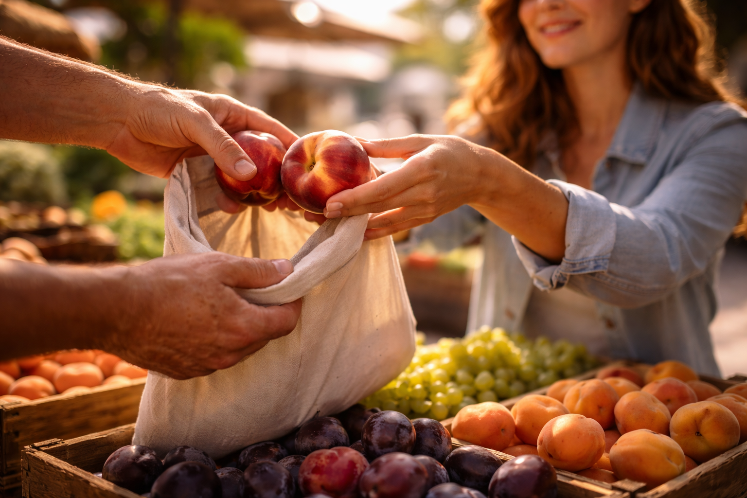 Market hands passing seasonal fruit into a cloth bag in warm light.
