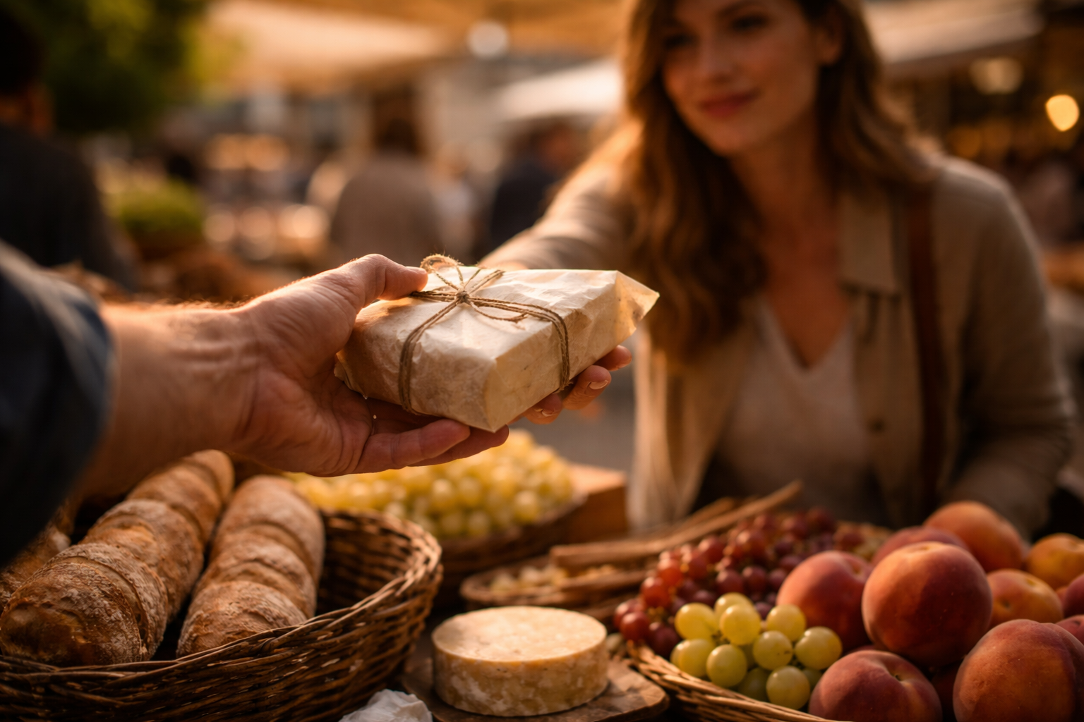 Market exchange of cheese, bread, and fruit in warm morning light.