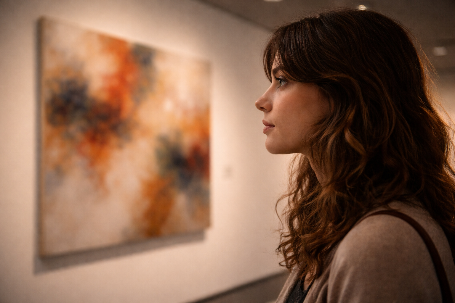 A visitor viewing contemporary art in a softly lit gallery.