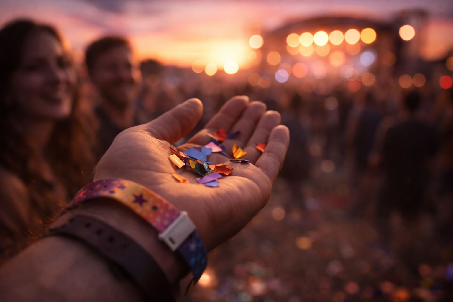Festival wristband close-up with sunset stage lights blurred behind.