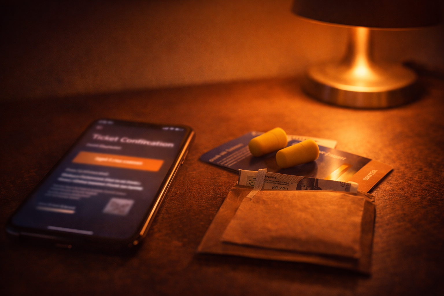 Prepared music-night kit with blurred ticket screen, earplugs, and transit card.