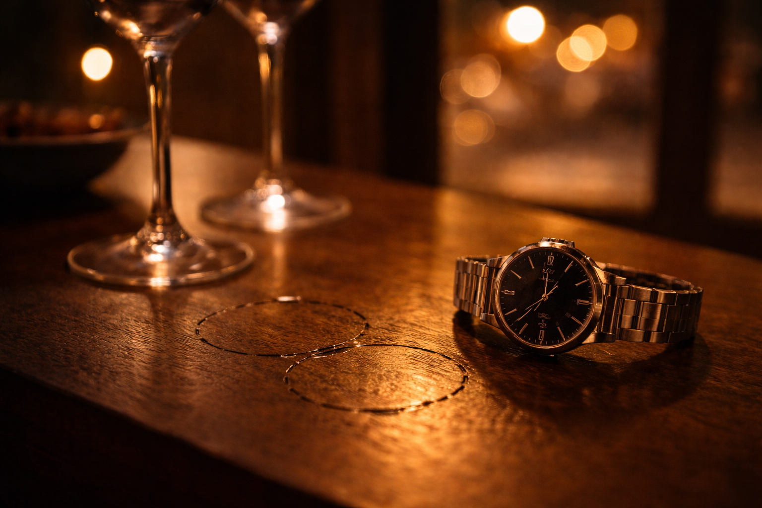 Late-night pacing mood with a watch and soft streetlight bokeh.