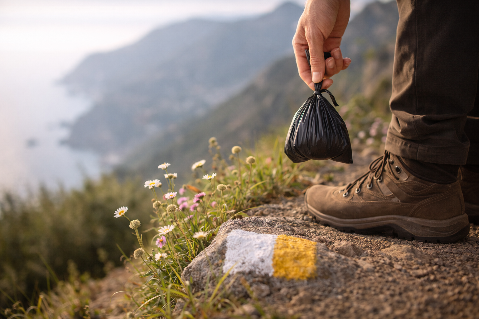 Hiking boots on a marked trail with a small trash bag for packing out waste.