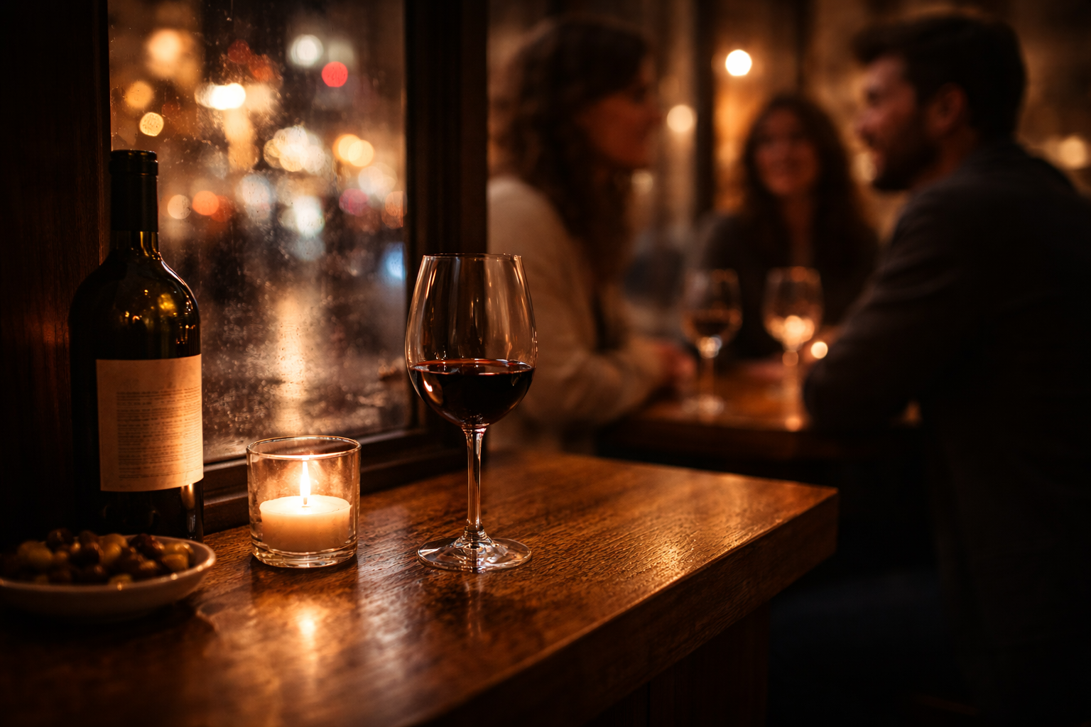 Cozy wine bar at night with softly visible faces and warm candlelight.