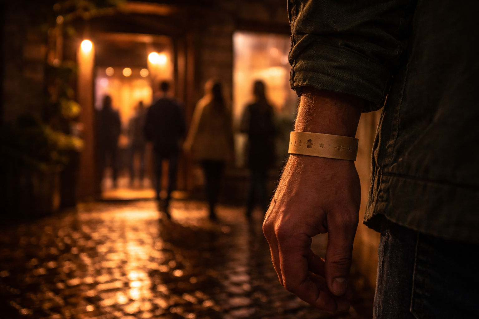 Live music in France: Wristband close-up with warm venue light on wet cobblestones at night.