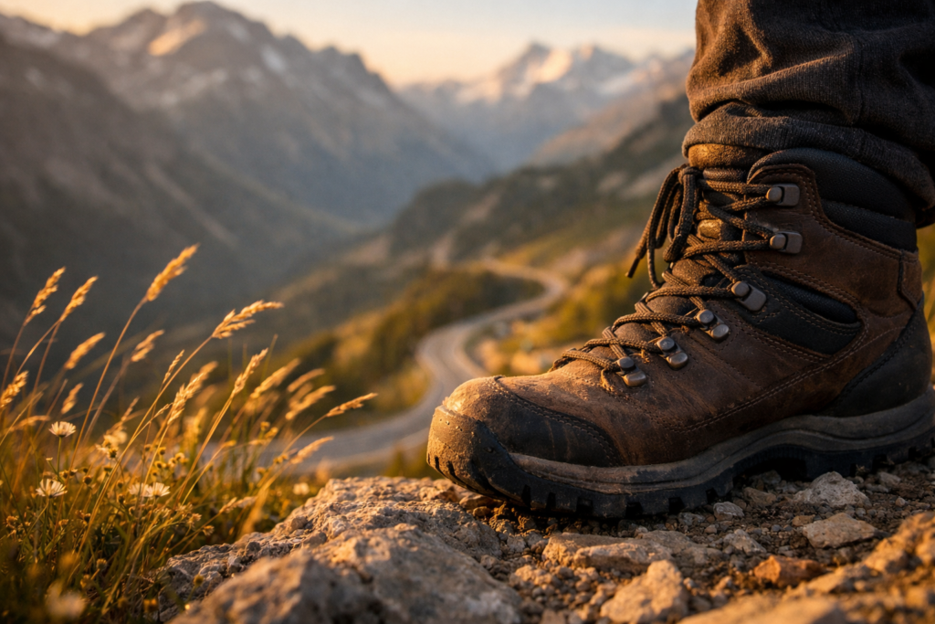 Hiking boot on a rocky trail with alpine peaks blurred in warm light.
