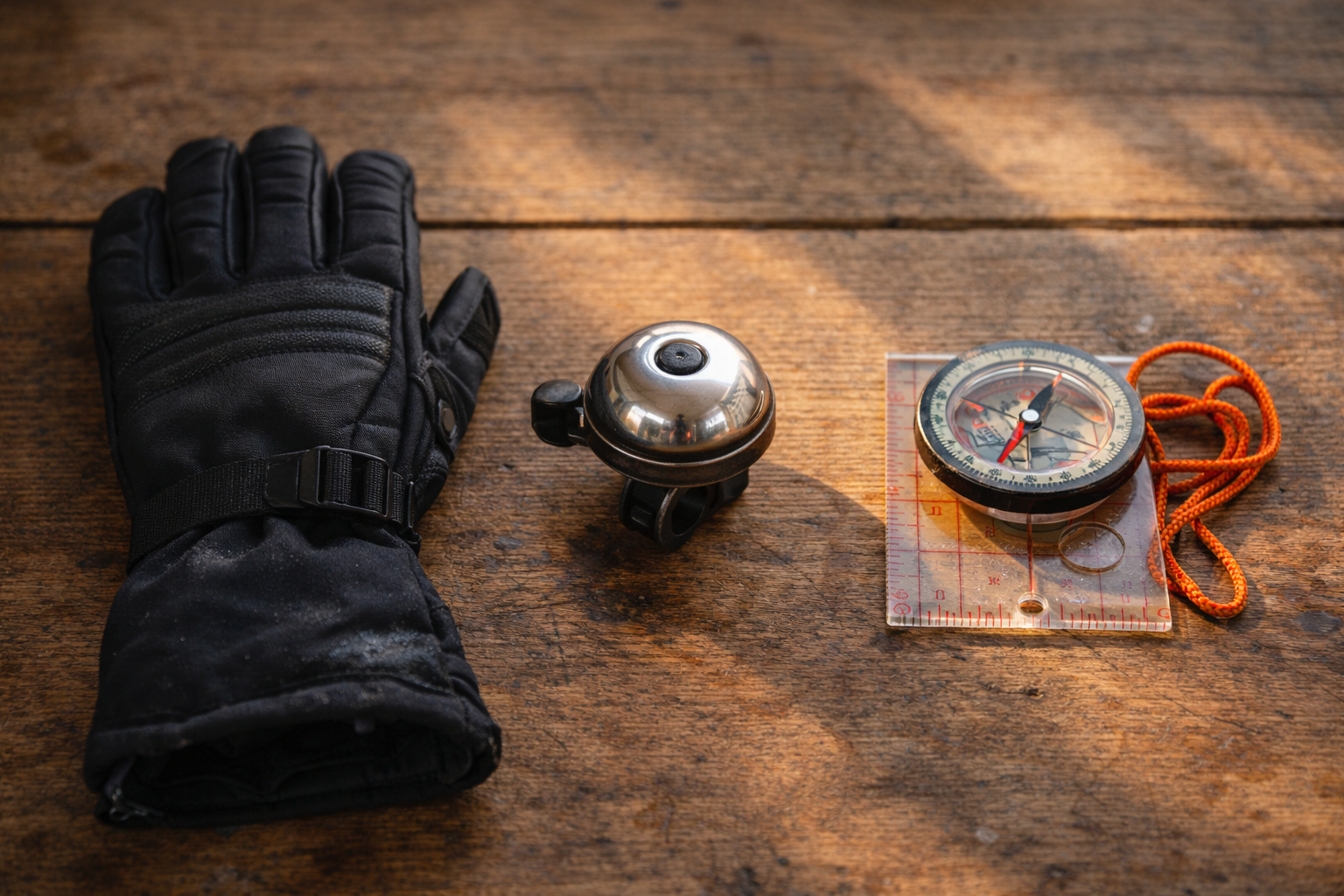 Ski glove, bicycle bell, and compass representing three outdoor travel styles.