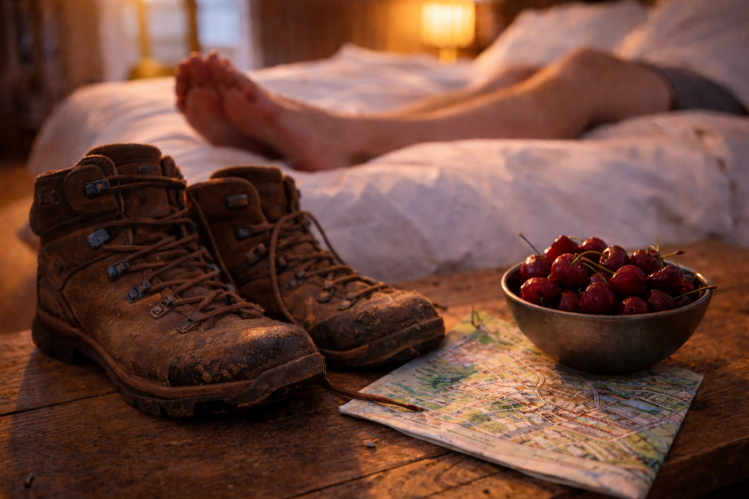 Hiking boots, cherries, and resting legs after an active day in France.