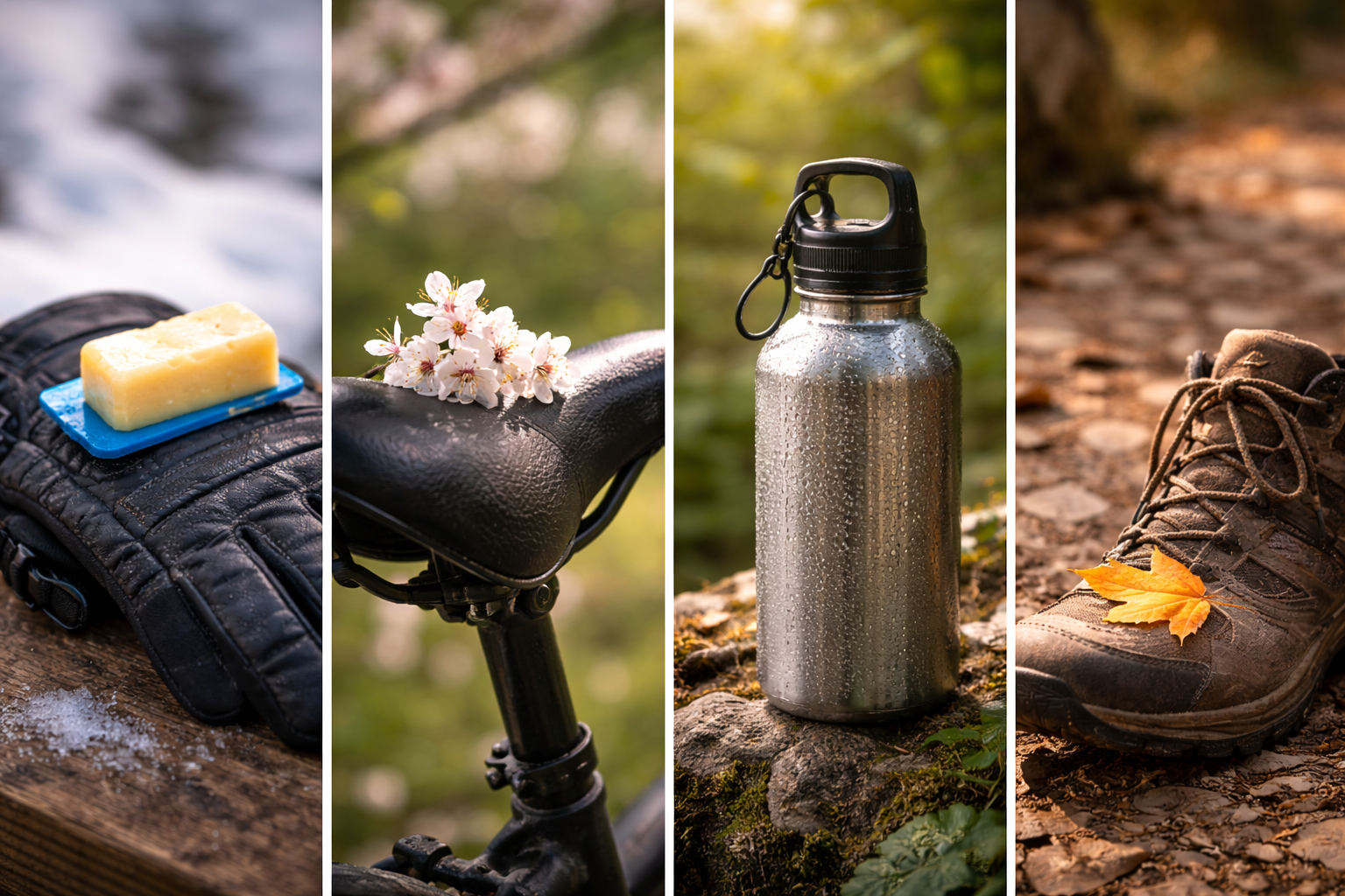 Four objects representing winter, spring, summer, and autumn outdoor travel.