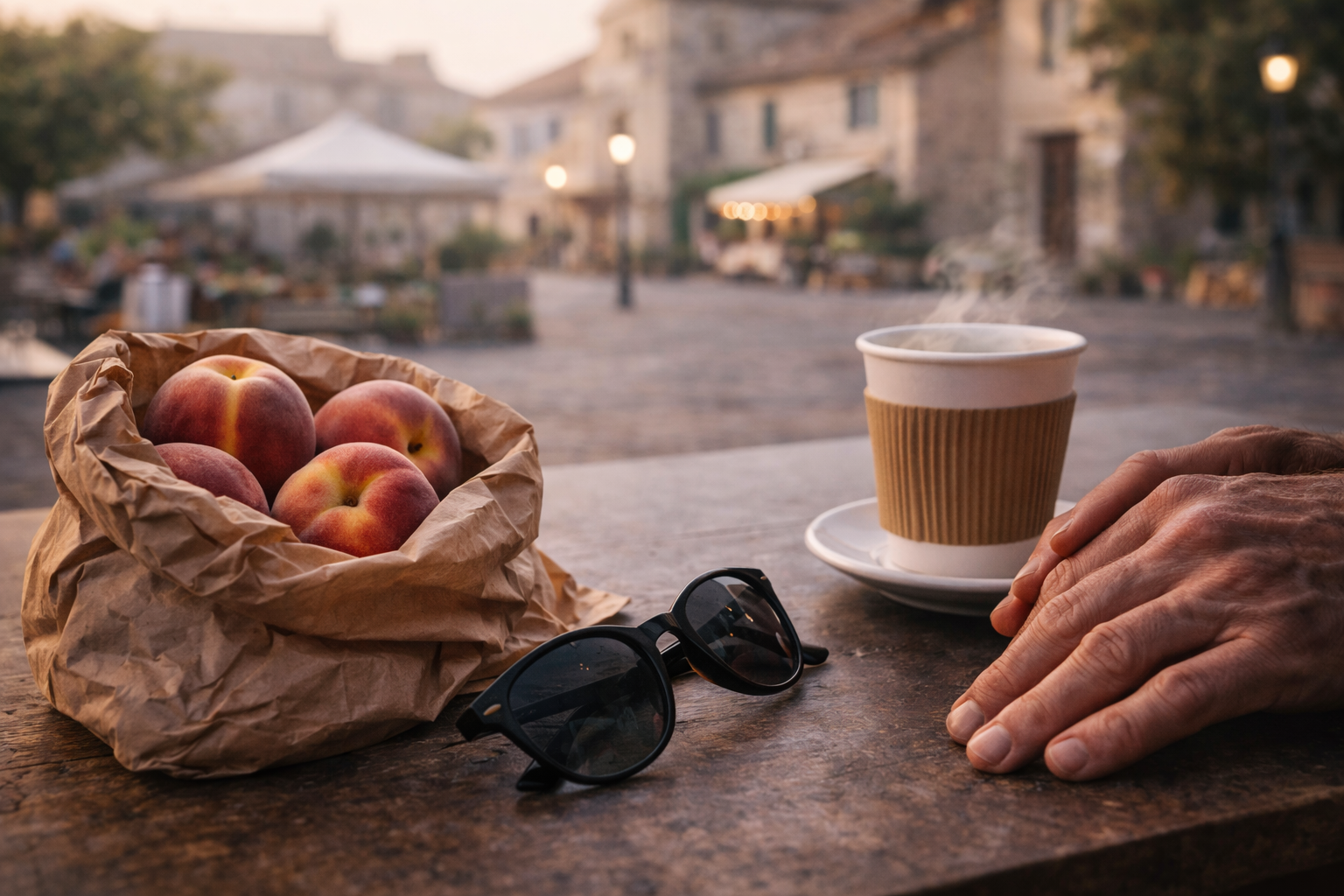 Soft recovery day with market fruit and coffee after outdoor activity.