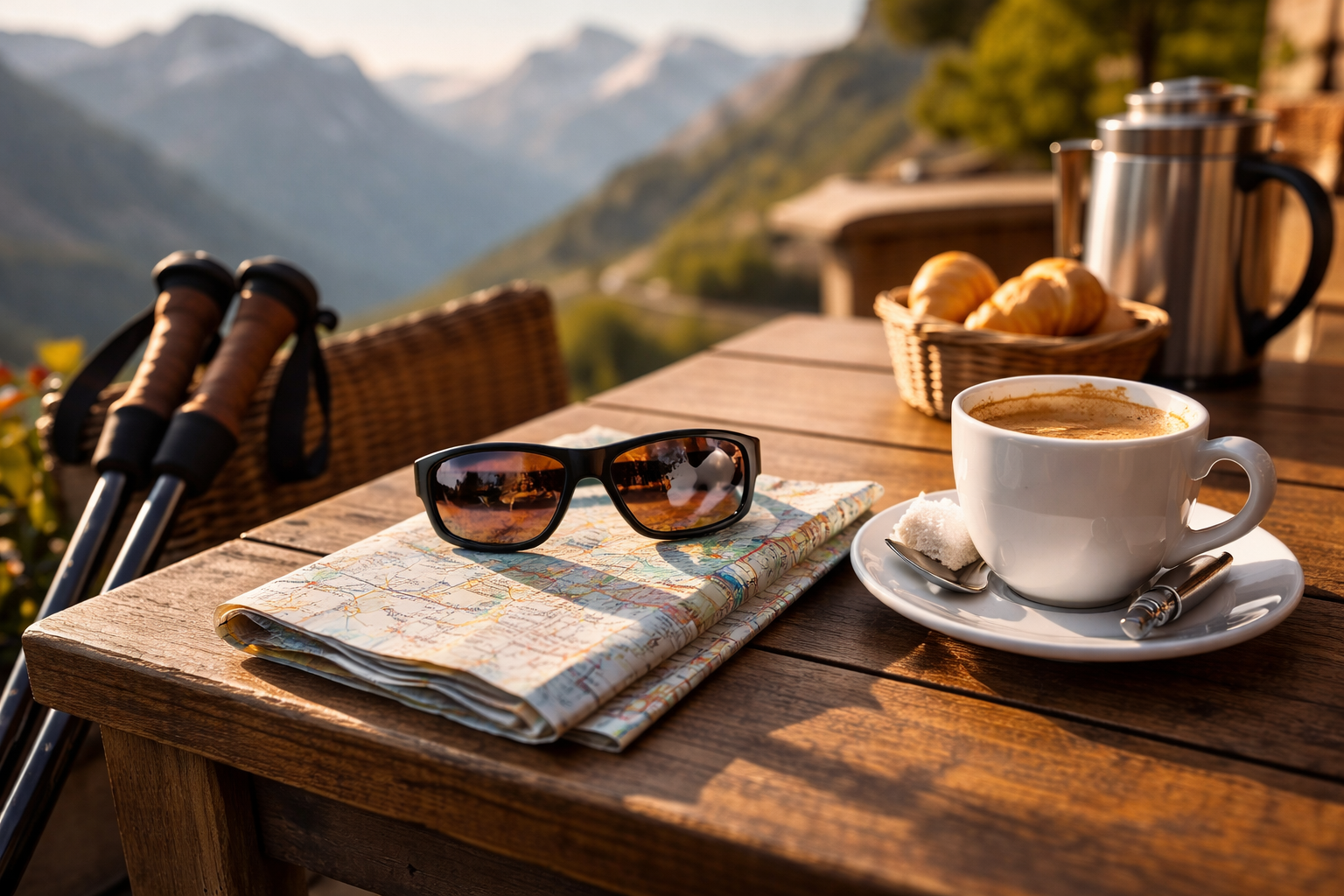 Outdoor adventures in France: café table with hiking gear and map suggesting comfort and adventure together.